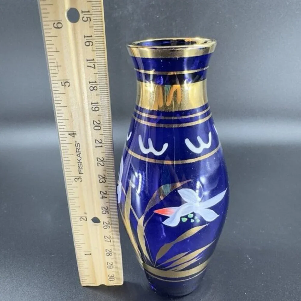 Vintage Bohemian‎ Art Glass Vase Vessel With Hand Painted Flowers Czech Vase VTG